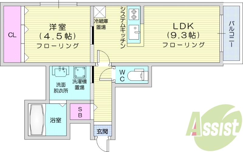 1LDK、都市ガス、浴室乾燥機、システムキッチン