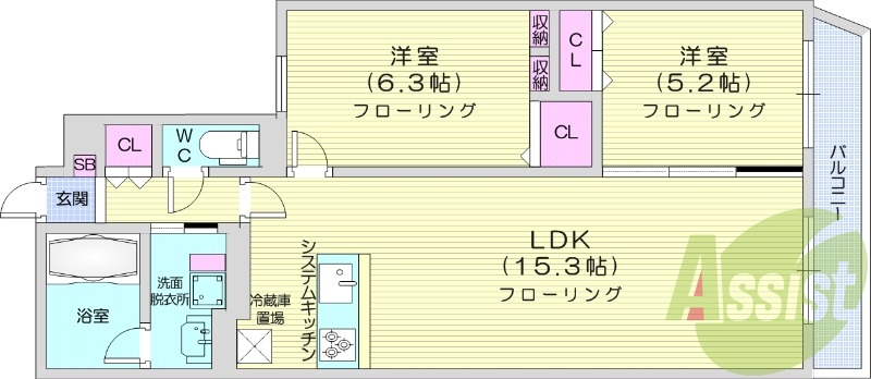 2LDK、都市ガス、エアコン、システムキッチン、浴室乾燥機