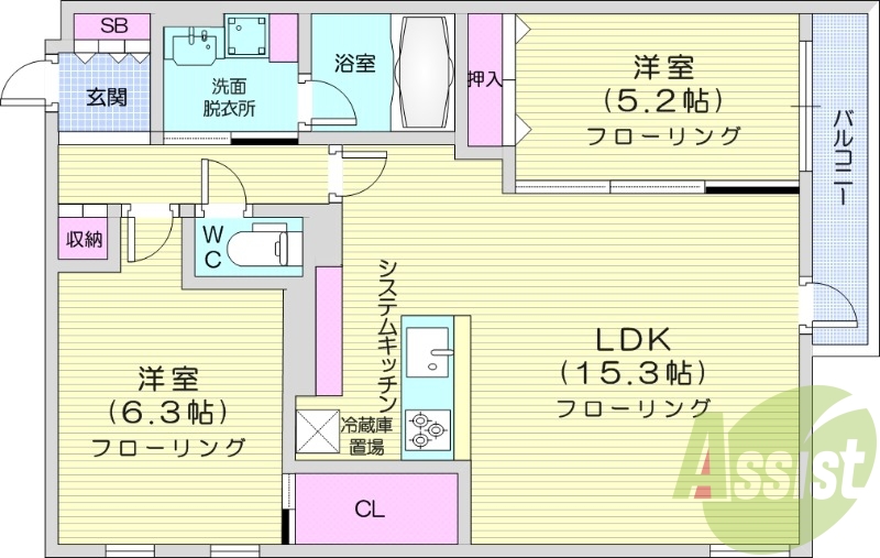 2LDK、都市ガス、エアコン、システムキッチン、浴室乾燥機