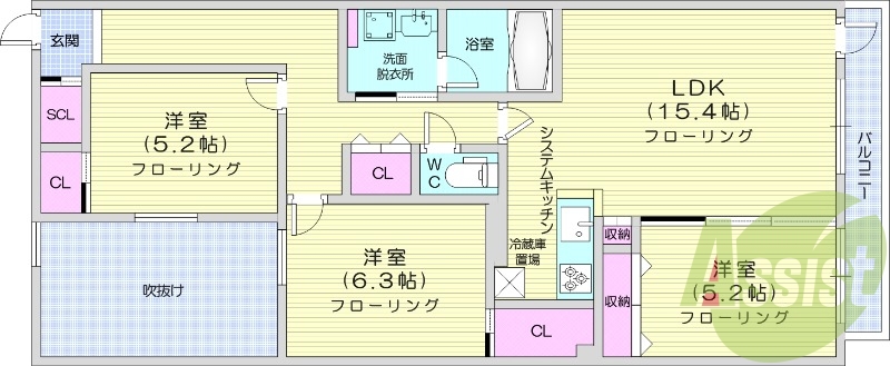 3LDK、都市ガス、エアコン、システムキッチン、浴室乾燥機