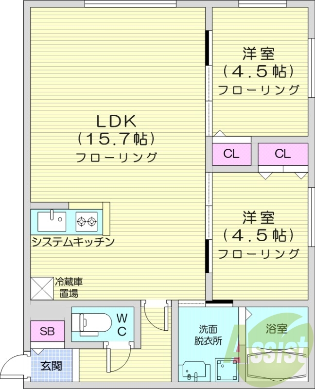 2LDK、エアコン、システムキッチン、浴室乾燥機