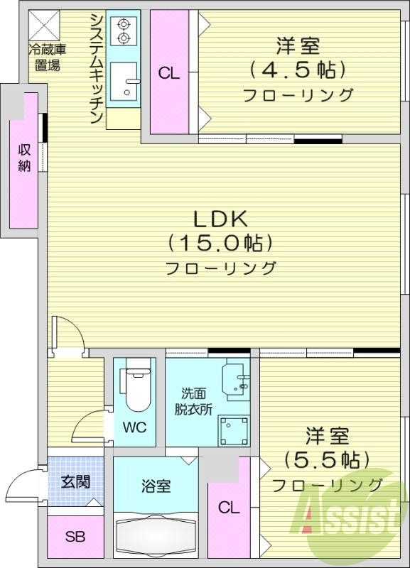 2LDK、エアコン、システムキッチン、浴室乾燥機