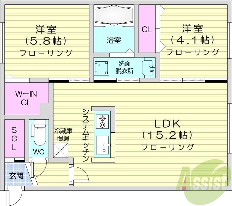 2LDK、エアコン、システムキッチン、浴室乾燥機