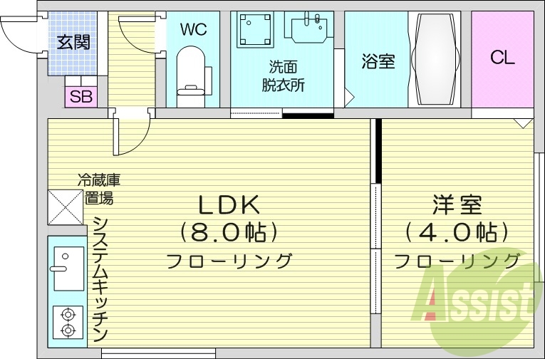 1LDK、エアコン、システムキッチン、浴室乾燥機