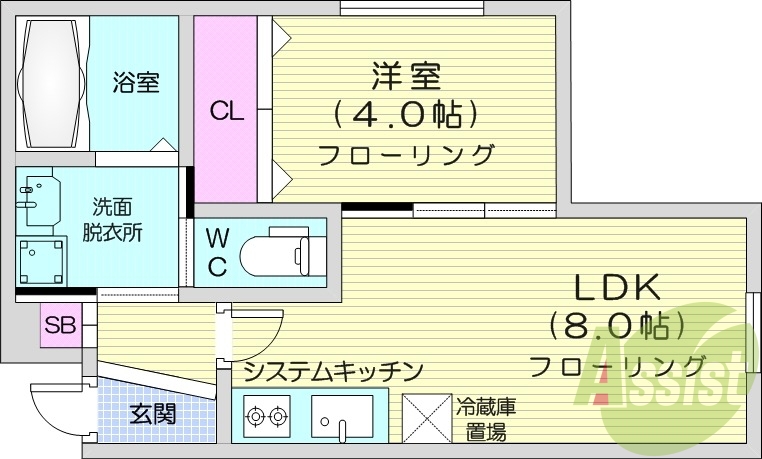 1LDK、エアコン、システムキッチン、浴室乾燥機