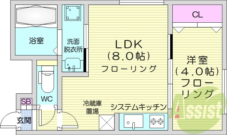 1LDK、エアコン、システムキッチン、浴室乾燥機
