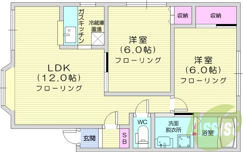 2LDK、都市ガス、トイレ風呂別、独立洗面台、灯油暖房