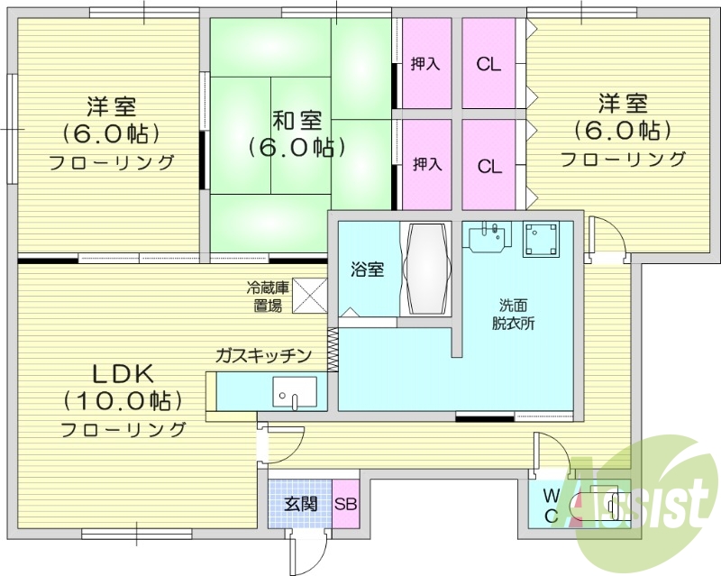 3LDK、都市ガス、独立洗面台、バストイレ別