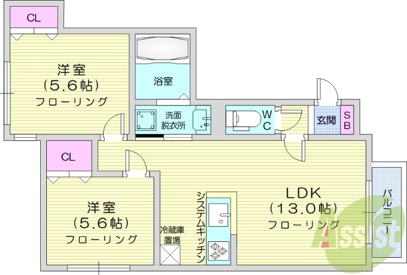 2LDK、エアコン、システムキッチン、オートロック