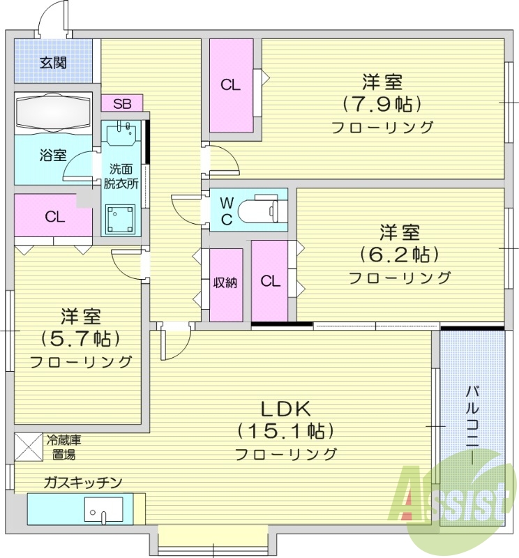 3LDK、オートロック、シャワートイレ、都市ガス