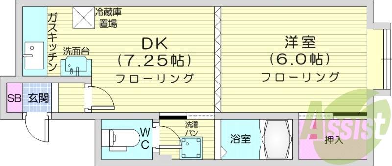 1DK、都市ガス、独立洗面台、シャワートイレ