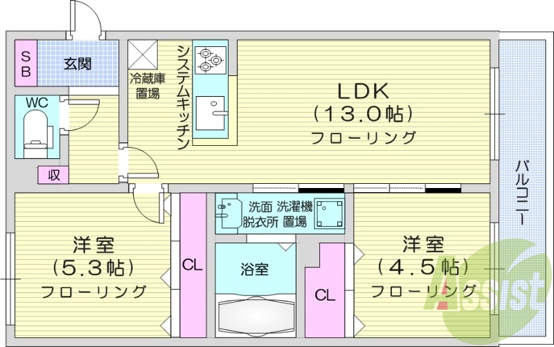 2LDK、都市ガス、追炊き、システムキッチン