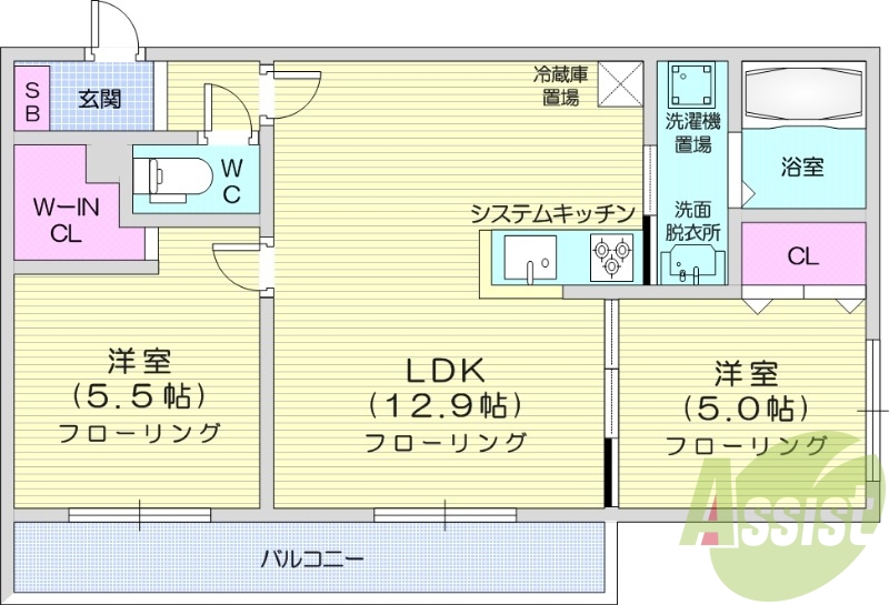2LDK、都市ガス、追炊き、システムキッチン