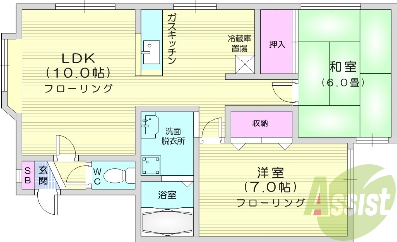 2LDK、モニタ付きインターホン、灯油暖房、対面キッチン