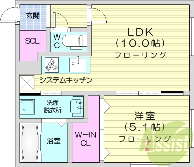 １LDK、南向き、シャワートイレ、システムキッチン