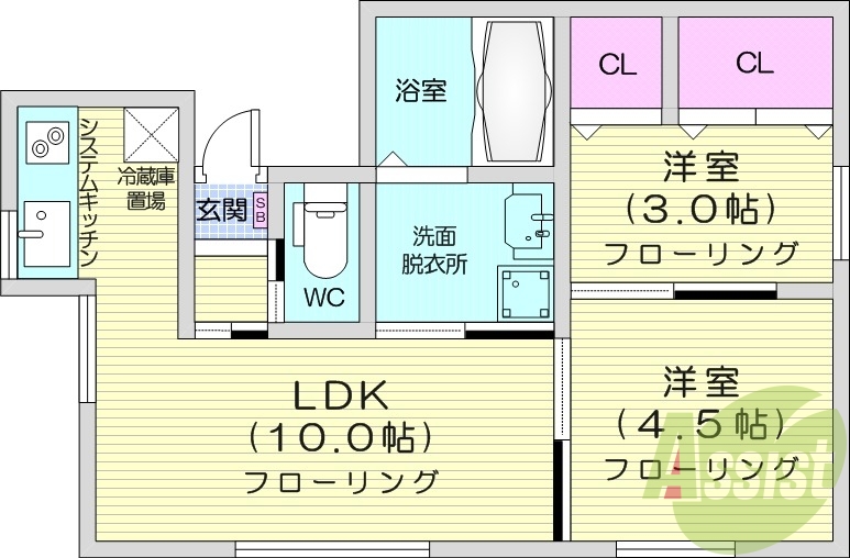 2LDK、モニターホン、独立洗面台、シャワートイレ