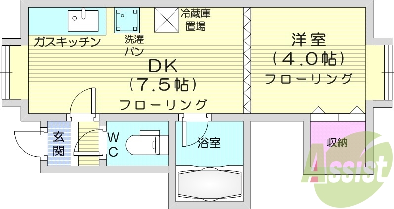 1DK、都市ガス、ユニットバス、ガスコンロ設置可