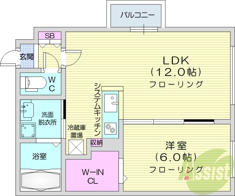1LDK、エアコン、システムキッチン、TVインターフォン