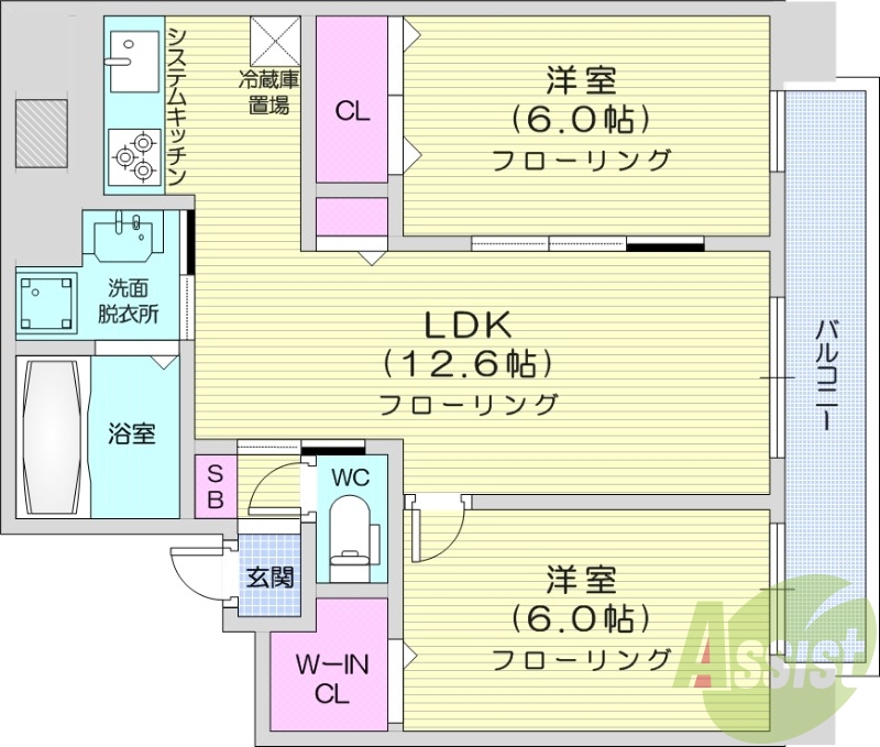 2LDK、都市ガス、エアコン、システムキッチン、浴室乾燥機