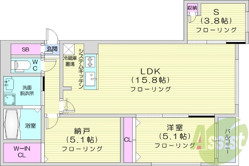 2LDK＋S、エアコン、システムキッチン、追い焚き