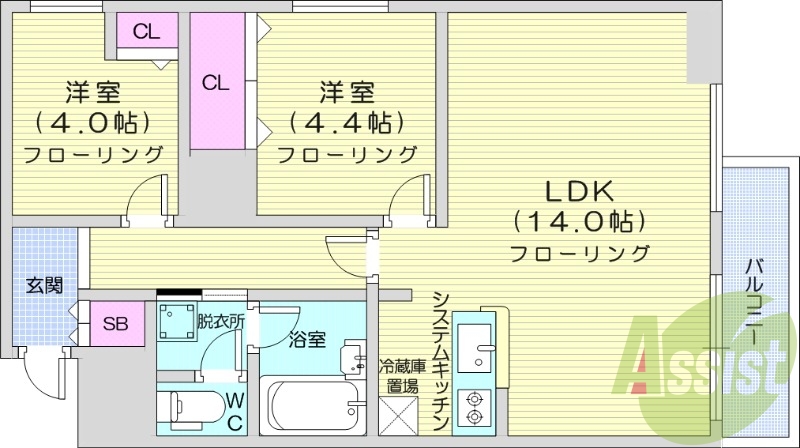 2LDK、都市ガス、エアコン、独立洗面台