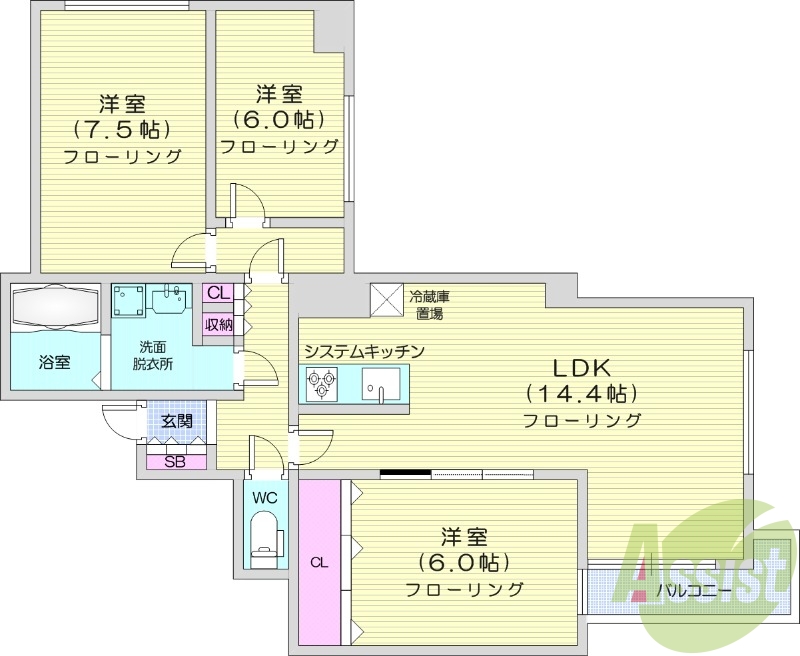 3LDK、都市ガス、システムキッチン、独立洗面台