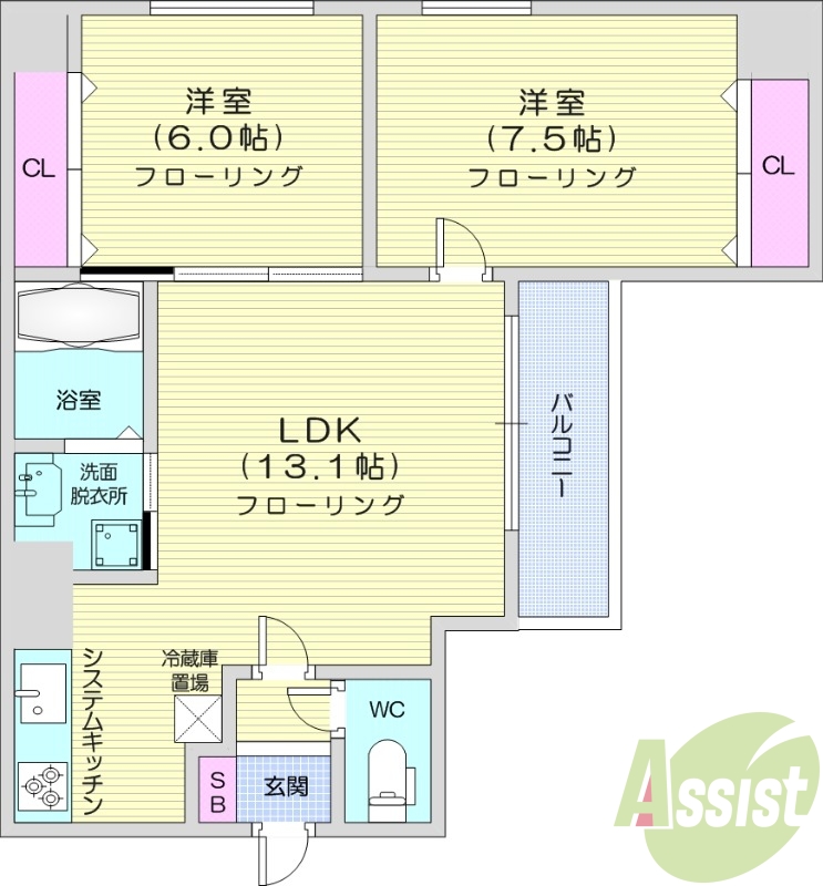 2LDK、システムキッチン、独立洗面台、ウォシュレット