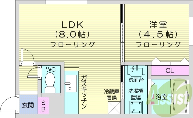 1LDK、独立洗面台、対面キッチン、モニタ付インターホン