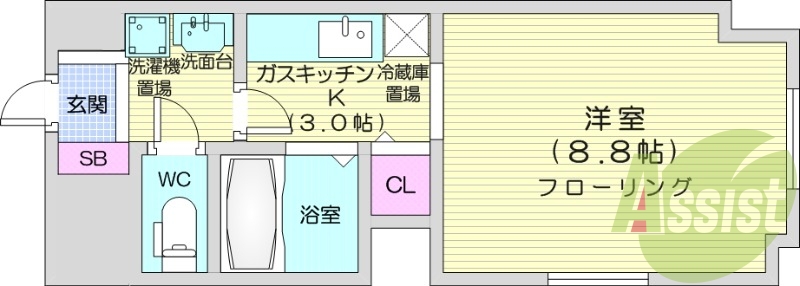 1K、都市ガス、オートロック、シューズボックス