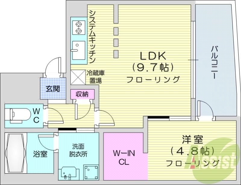1LDK、エアコン、浴室乾燥機、システムキッチン