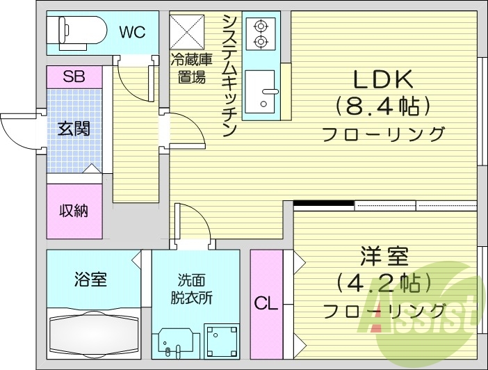 1LDK、都市ガス、エアコン、システムキッチン、浴室乾燥機