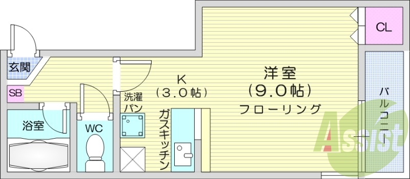 1K、バルコニー、灯油暖房、ネット使用料不要