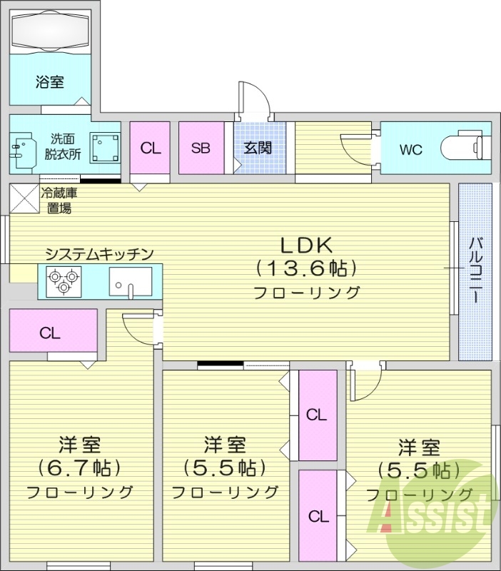 3LDK、ガスリミット、エアコン、ペット飼育相談可能