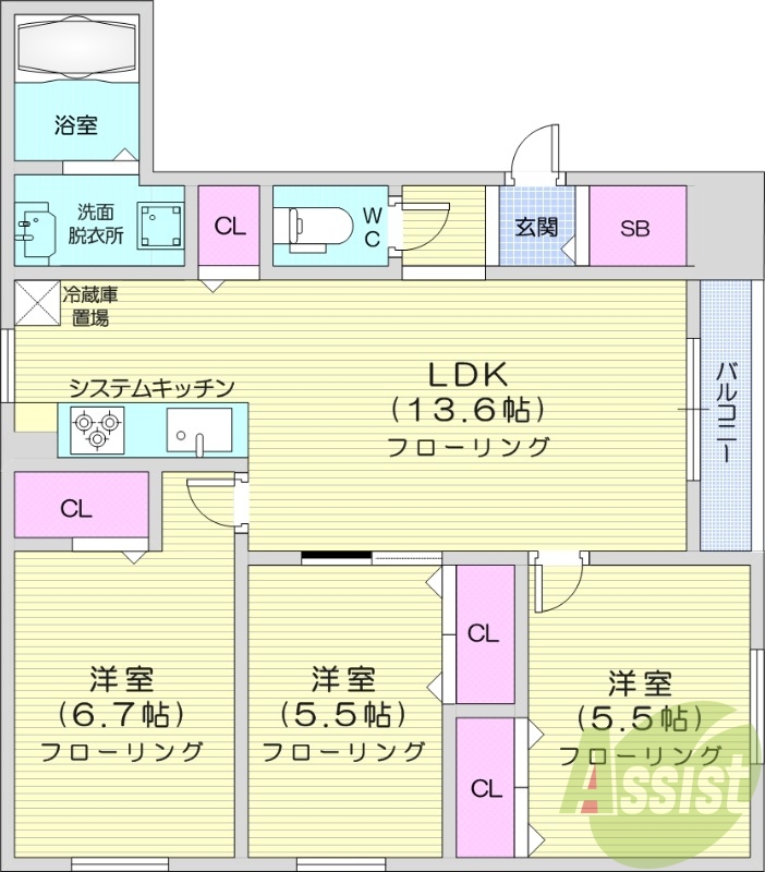 3LDK、ガスリミット、エアコン、ペット飼育相談可能