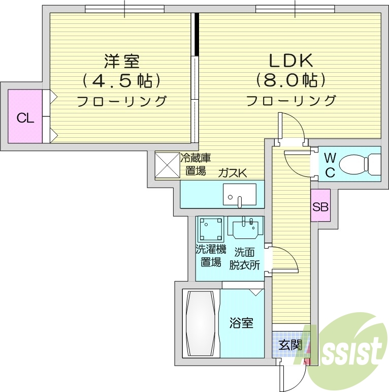 1LDK、モニタ付インターホン、シャンプードレッサー