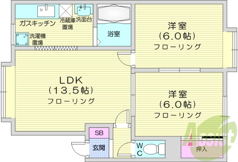 2LDK、独立洗面台、灯油暖房、モニター付きインターホン