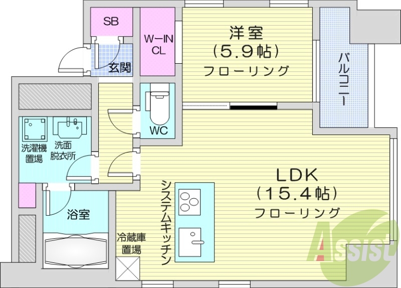 1LDK、バルコニー、システムキッチン、エアコン