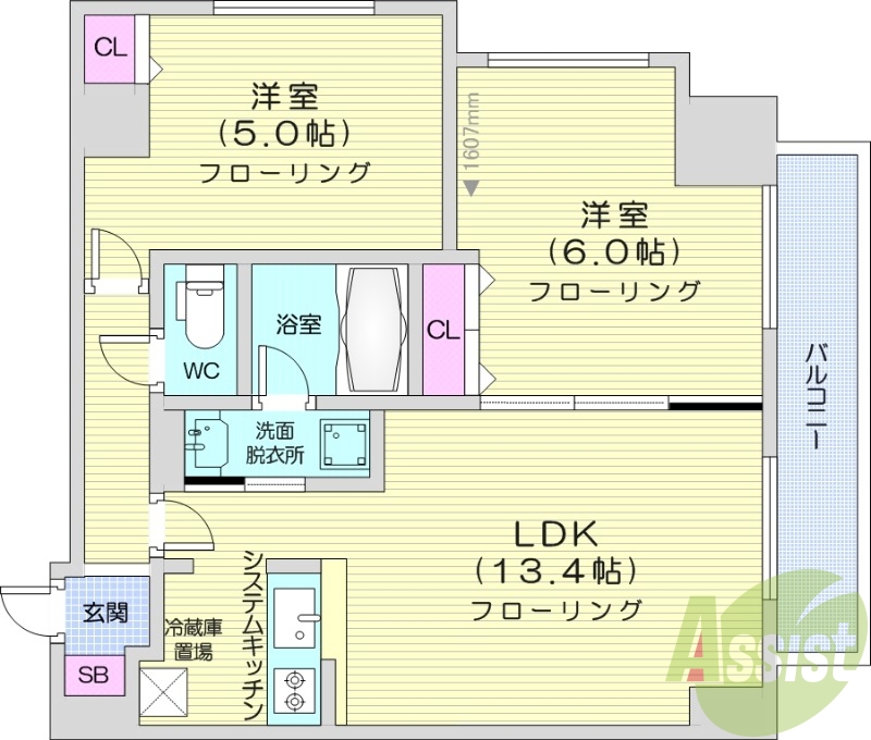 1LDK、エアコン、浴室乾燥機、システムキッチン