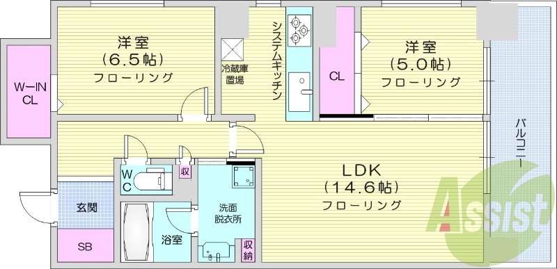 2LDK、オートロック、システムキッチン、