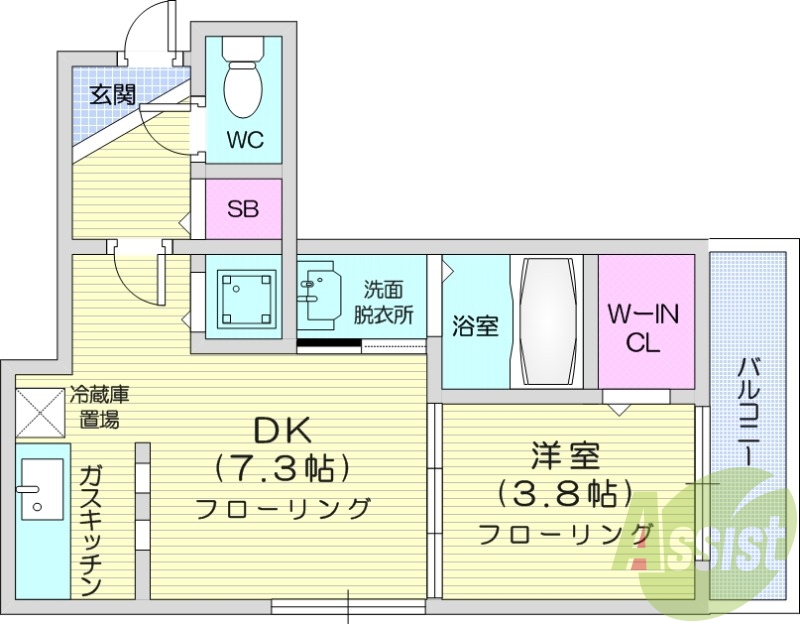 1DK、都市ガス、灯油暖房、モニタ付インターホン、バルコニー