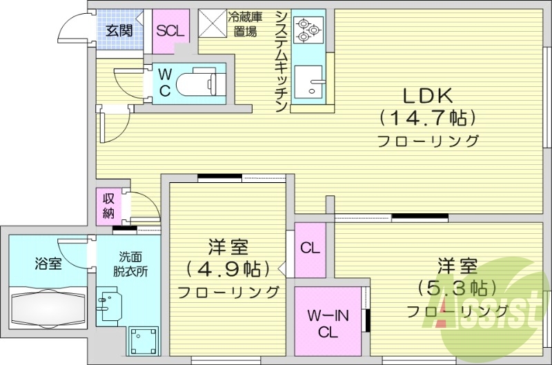 2LDK、都市ガス、エアコン、システムキッチン