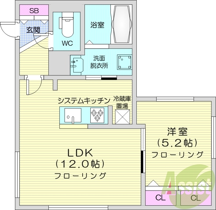 1LDK、都市ガス、エアコン、システムキッチン