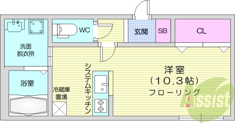 1K、エアコン、独立洗面台、灯油暖房、システムキッチン、