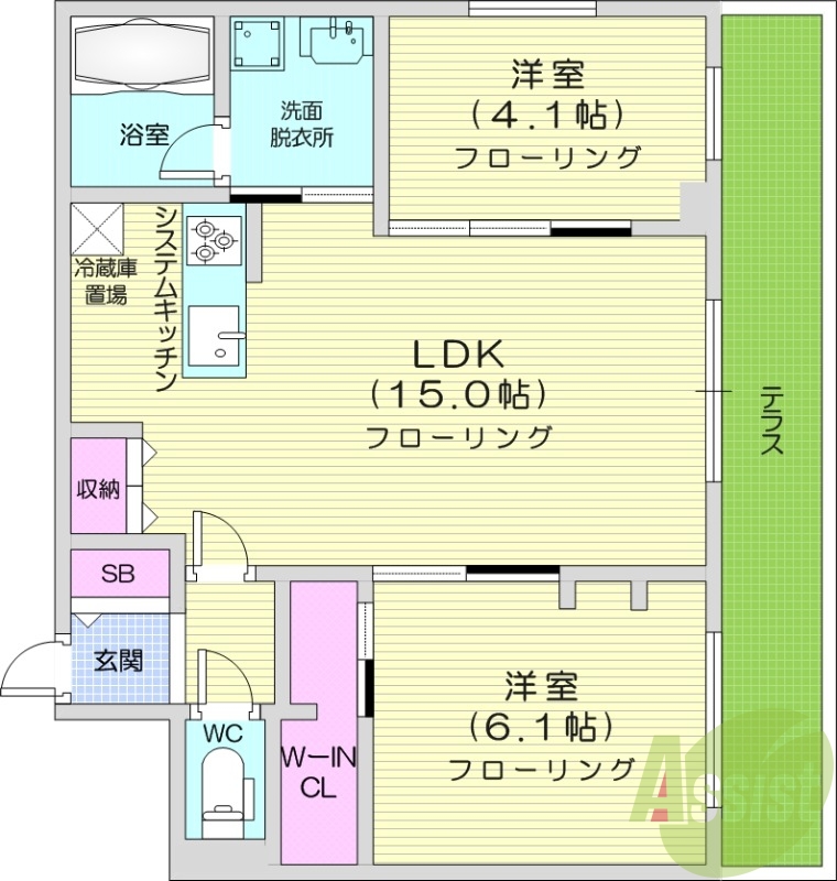 2LDK、都市ガス、エアコン、システムキッチン