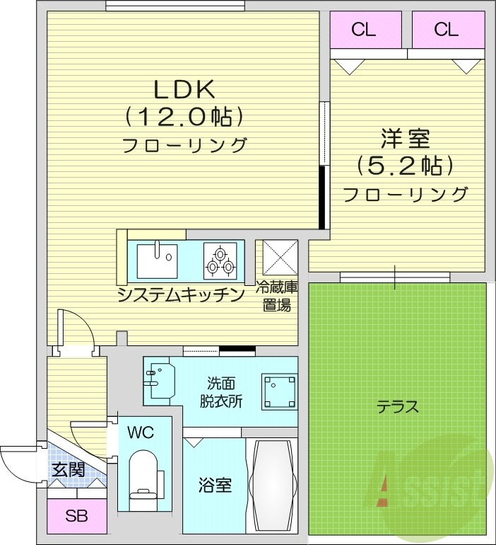 1LDK、都市ガス、エアコン、システムキッチン