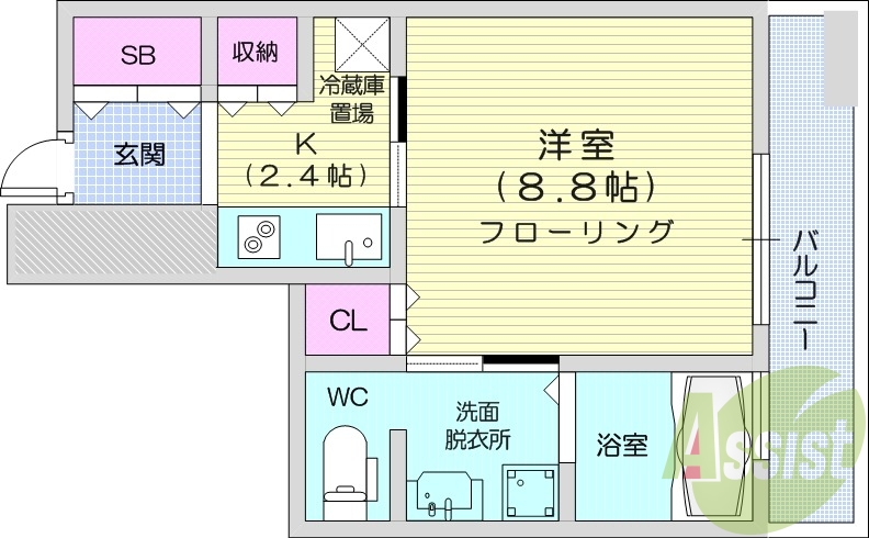 1K、オートロック、浴室乾燥機、追い炊き、独立洗面台