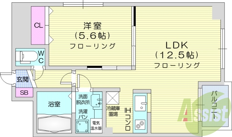 1LDK、角部屋、システムキッチン、バストイレ別