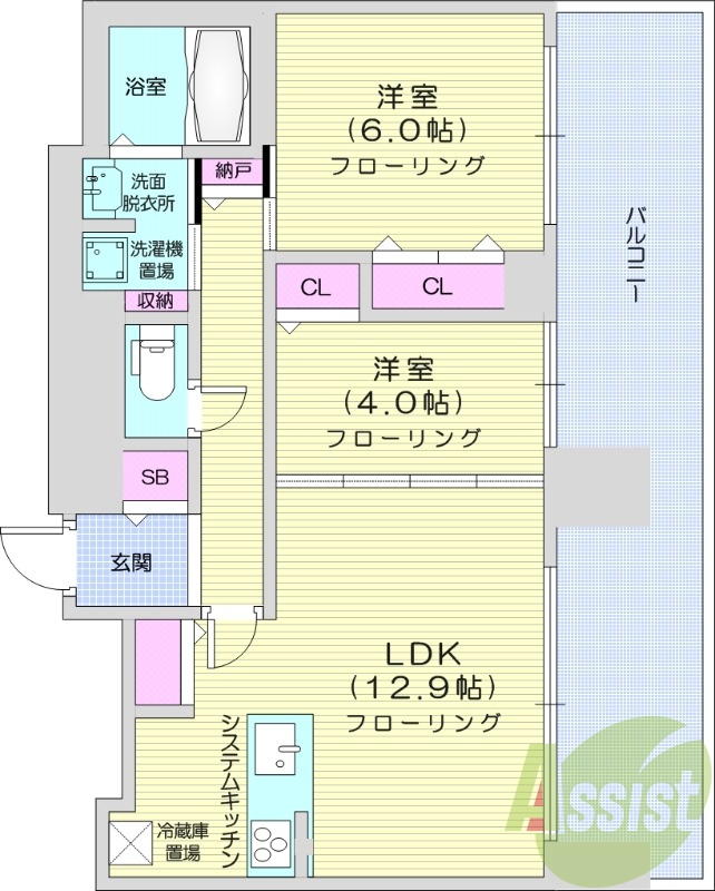 2LDK、分譲、都市ガス、追い焚き、床暖房、エアコン