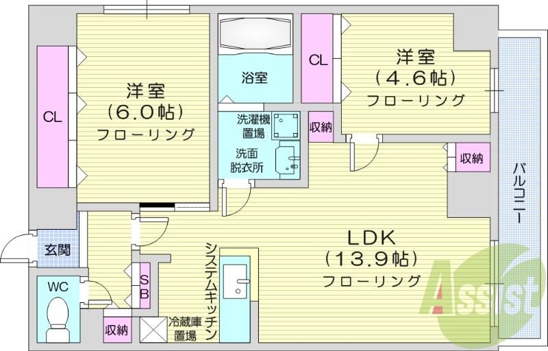 2LDK、エレベーター、灯油暖房、オートロック、ネット無料