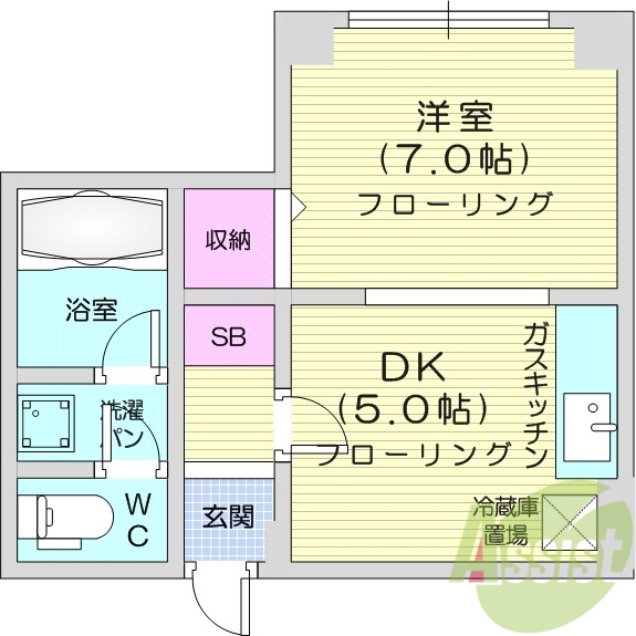 1DK、角部屋、灯油暖房、バストイレ別、収納